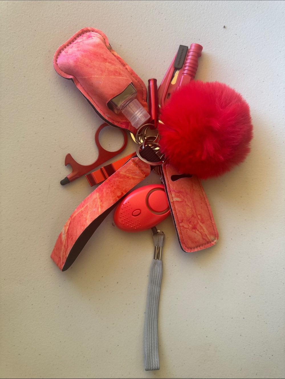Red Faux Fur Pom-Pom Key & Card Holder Wristlet with Safety Accessories